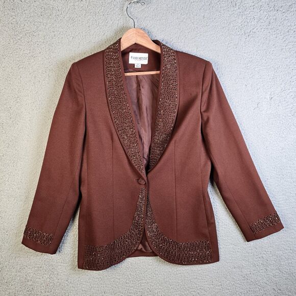 John Meyer Blazer 10 Brown Curved Hem Textured Trim Statement Collar Lined - Picture 1 of 16